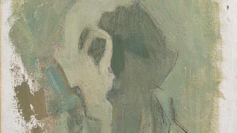 A ghostly grey painting of a woman's face.