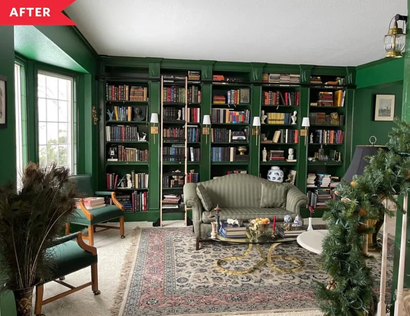 After: Library with green-painted built-in shelving