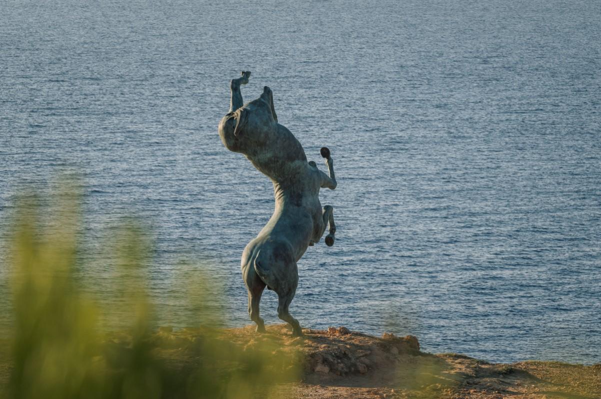 Standing 570cm tall, the sculpture was installed in the Natura 2000 site on the edge of the cliffs facing the sea on Monday.