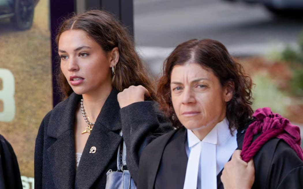Actor Charlotte MacInnes and Sue Chrysanthou SC outside court in Sydney. (ABC News: Abubakr Sajid)