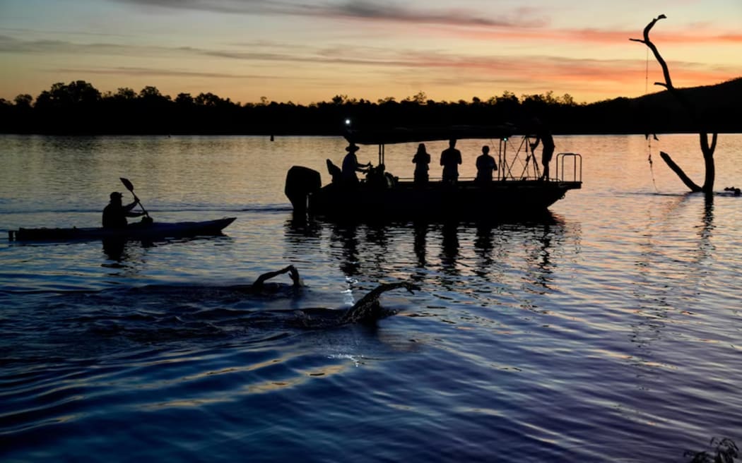 Andy Donaldson completed his record-breaking swim down the Ord River in just under 12 hours. (ABC Kimberley: Giulia Bertoglio)