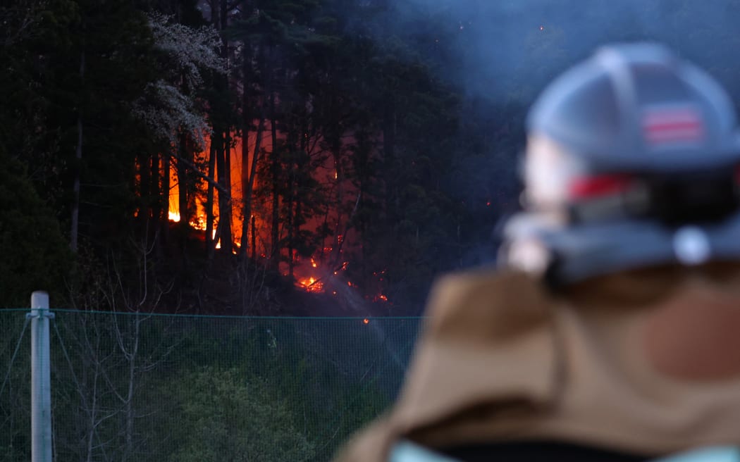 A photo shows a firefighter working to extinguish a fire in a burned forest in Otsuchi Town, Iwate Prefecture, on the Pacific coast in the northern part of the Japanese archipelago, on April 26, 2026, the fifth day since it occurred on April 22. According to Iwate Prefecture and Otsuchi Town, the area, measured as of the morning of the 26th, had expanded to approximately 1,373 hectares, and firefighting efforts were underway from both land and air. Eight buildings, including a house, were destroyed. The town has issued evacuation orders for 1,541 households, or 3,233 people, which is about 30% of the town's population, and has called for vigilance. At the time the fire broke out, a strong wind warning and a dry weather warning had been issued for Otsuchi Town. ( The Yomiuri Shimbun ) (Photo by Hidenori Nagai / The Yomiuri Shimbun via AFP)