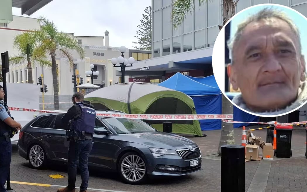 Police at the scene in Emerson St, Napier, where Boy Taylor (inset) was attacked and died.