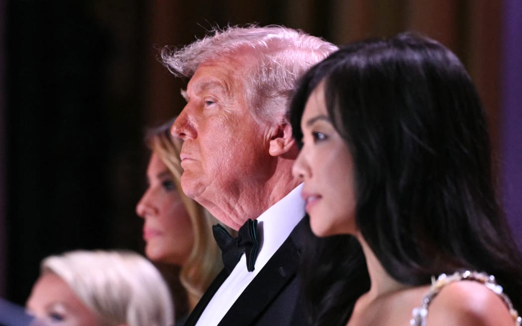 (L/R) White House Press Secretary Karoline Leavitt, US First Lady Melania Trump, US President Donald Trump and CBS News senior White House correspondent Weijia Jiang attend the White House Correspondents' dinner at the Washington Hilton in Washington, DC, on April 25, 2026. President Trump is attending the annual gala of the political press for the first time while in office. (Photo by Mandel NGAN / AFP)
