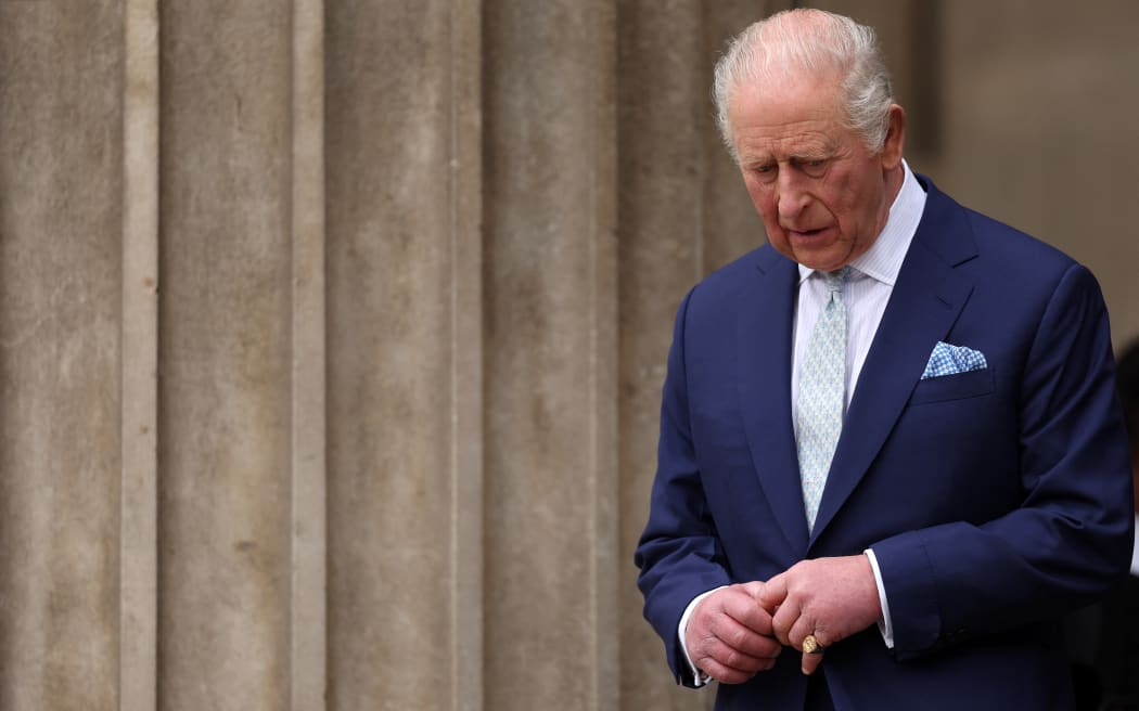 Britain's King Charles III leaves the British Museum after viewing the final design for the Queen Elizabeth Memorial, in central London on April 21, 2026, on the day marking what would have been the late monarch's 100th birthday. (Photo by Adrian Dennis / AFP)