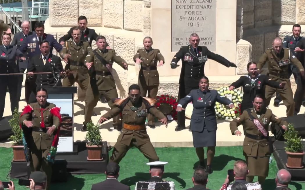 NZ Defence Force personnel perform a haka, at a service in commemoration of the battle of Chunuk Bair, in Turkey, on Anzac Day, 2026.