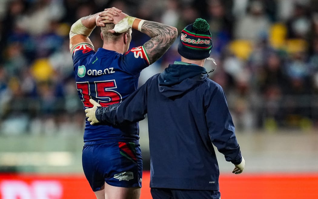 Mitchell Barnett of the Warriors leaves the field injured, NZ Warriors v Dolphins, round 8 rugby league match of the NRL Telstra Premiership at Hnry Stadium, Wellington.