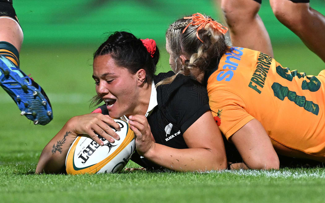 Black Ferns forward Kaipo Olsen-Baker reacts after scoring before having the try over turned against the Wallaroos.
