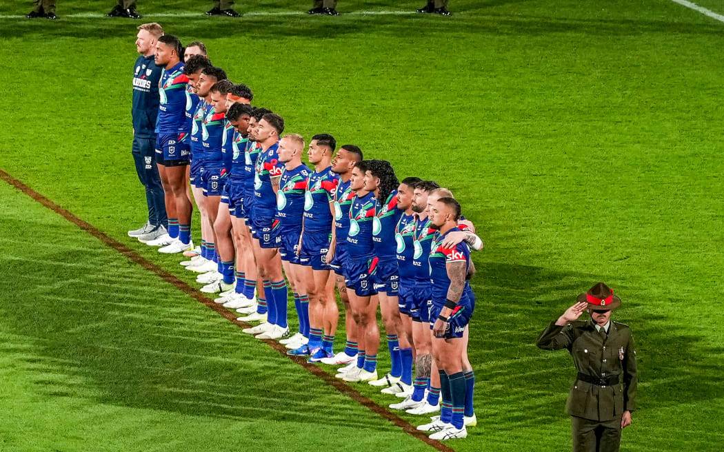 NZ Warriors line up for the pre match ANZAC ceremony, NZ Warriors v Dolphins, round 8 rugby league match of the NRL Telstra Premiership at Hnry Stadium, Wellington.