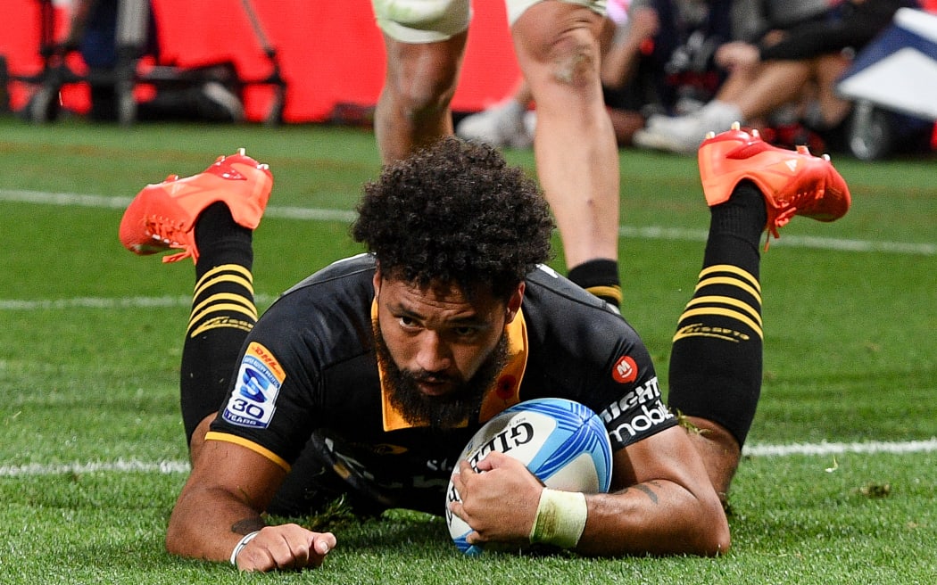 Fehi Fineanganofo of the Hurricanes scores a try during the Super Rugby Pacific Super Round match - Hurricanes Vs Brumbies at One NZ Stadium, New Zealand, 25th April 2026.