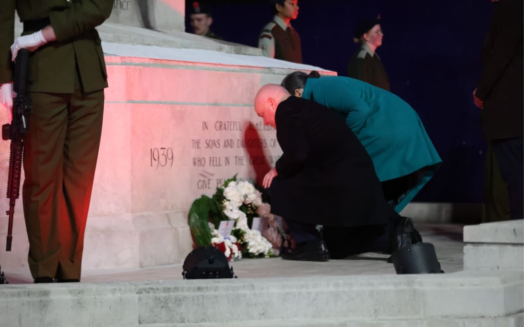Christopher Luxon laying a wreath during the Christchurch Anzac Day dawn service in 2026.