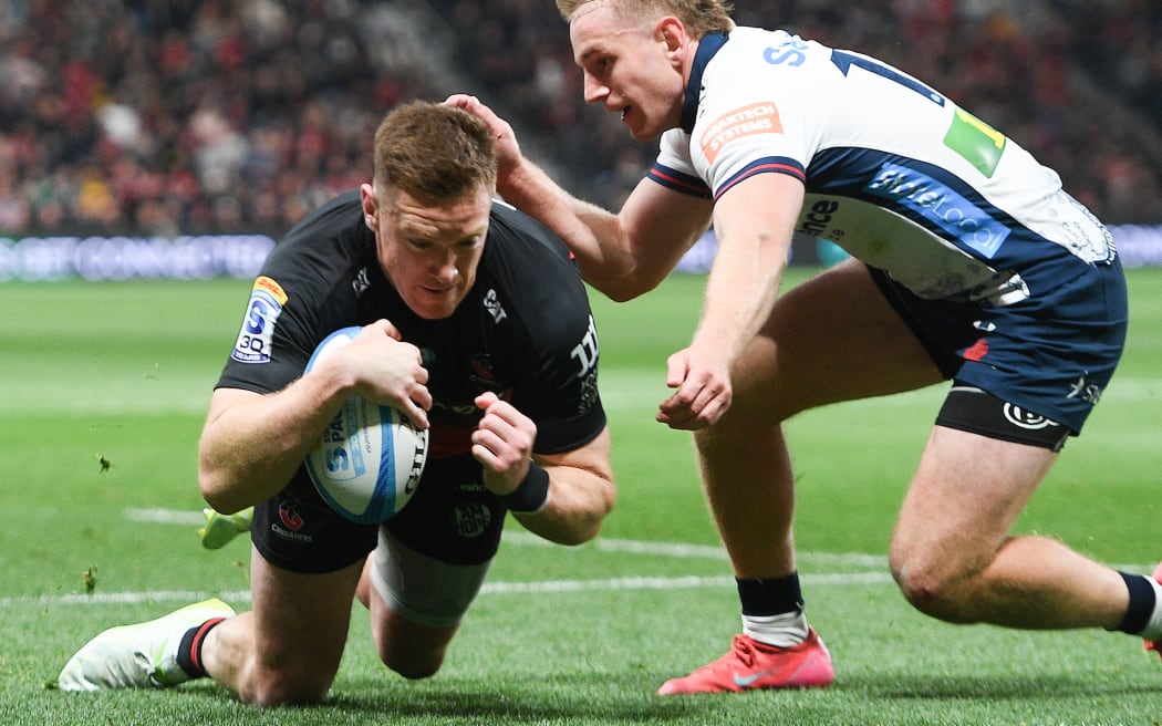 Dallas McLeod scores a try.
Crusaders v Waratahs, Super Rugby Pacific, Te Kaha One New Zealand Stadium. Christchurch.