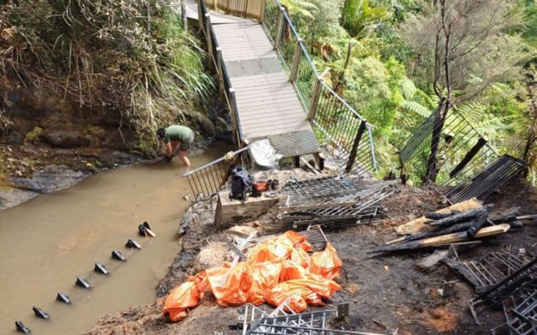 Clean up at the Fairy Falls in the Waitākere Ranges, following a devastating fire on November 2, 2025.