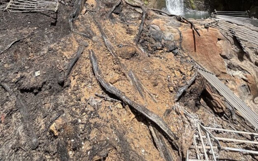 Clean up at the Fairy Falls in the Waitākere Ranges, following a devastating fire on November 2, 2025.