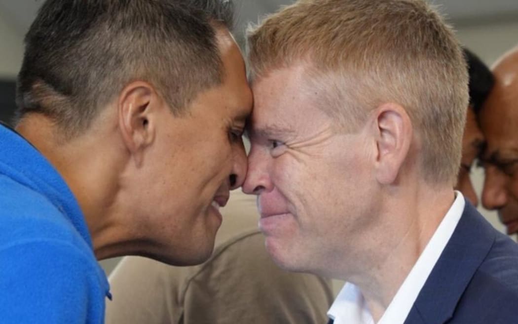 Labour candidate Kingi Kiriona and Labour leader Chris Hipkins hongi.