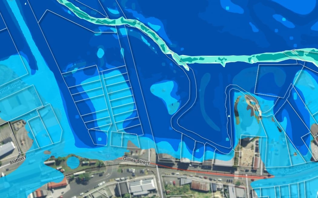 A Northland Regional Council hazards map showing much of the site (centre, dark blue) is in a one-in-10-year flood zone.