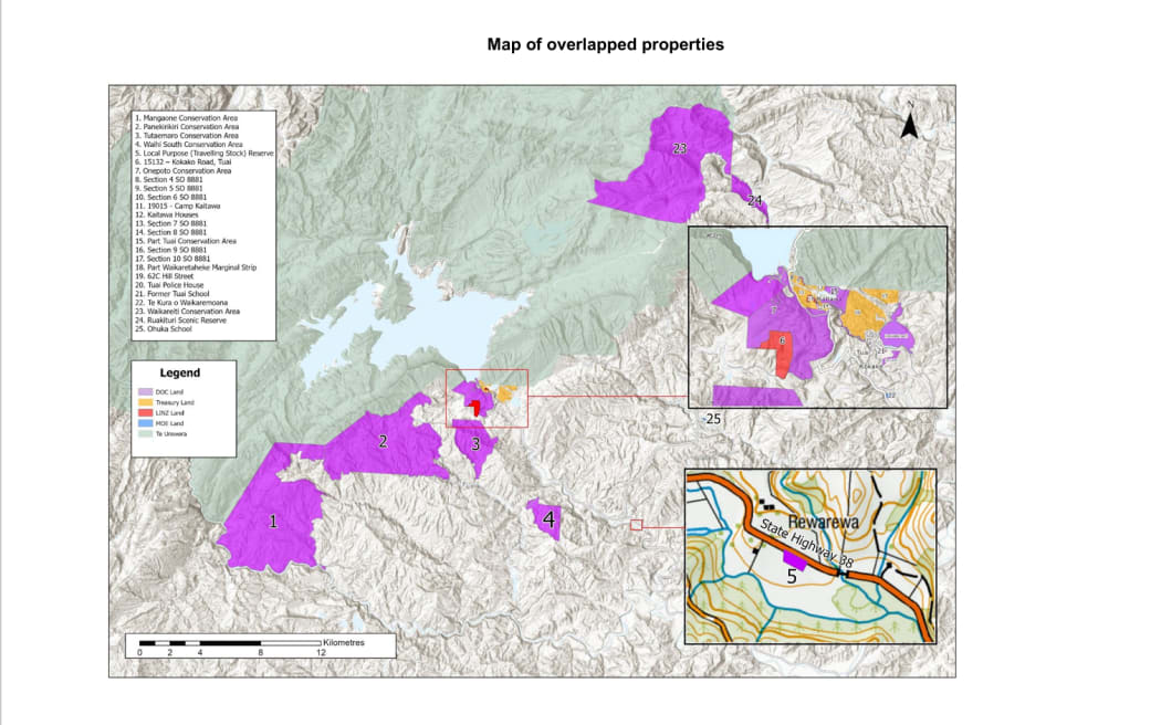 A map of the six reserves that would pass to Te Urewara Board under the Ngāti Ruapani settlement, identified here as numbers 1 through 4 and 23, 24.