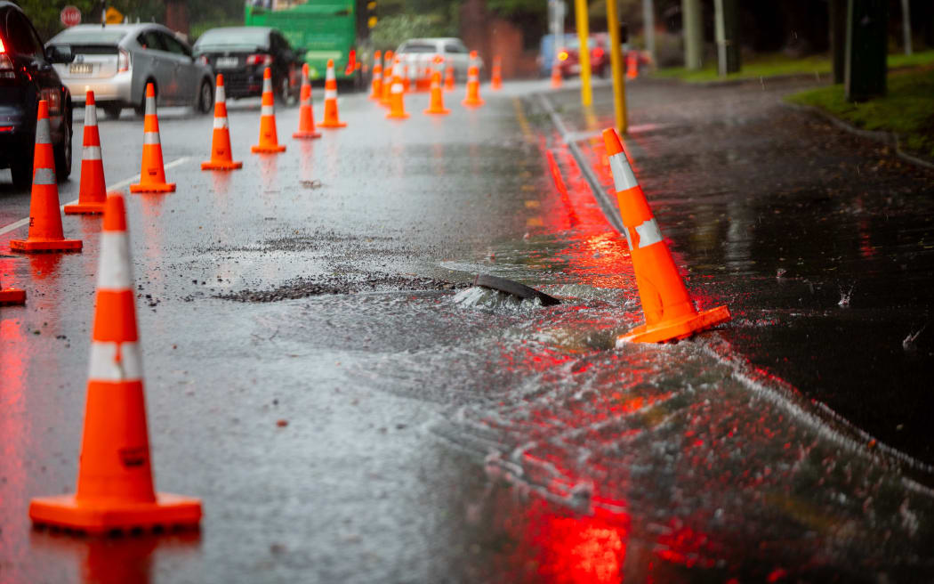 Traffic management on SH1 at the Basin Reserve amid the Wellington flooding on 20 April 2026.