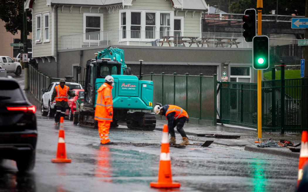 Traffic management on SH1 at the Basin Reserve amid the Wellington flooding on 20 April 2026.