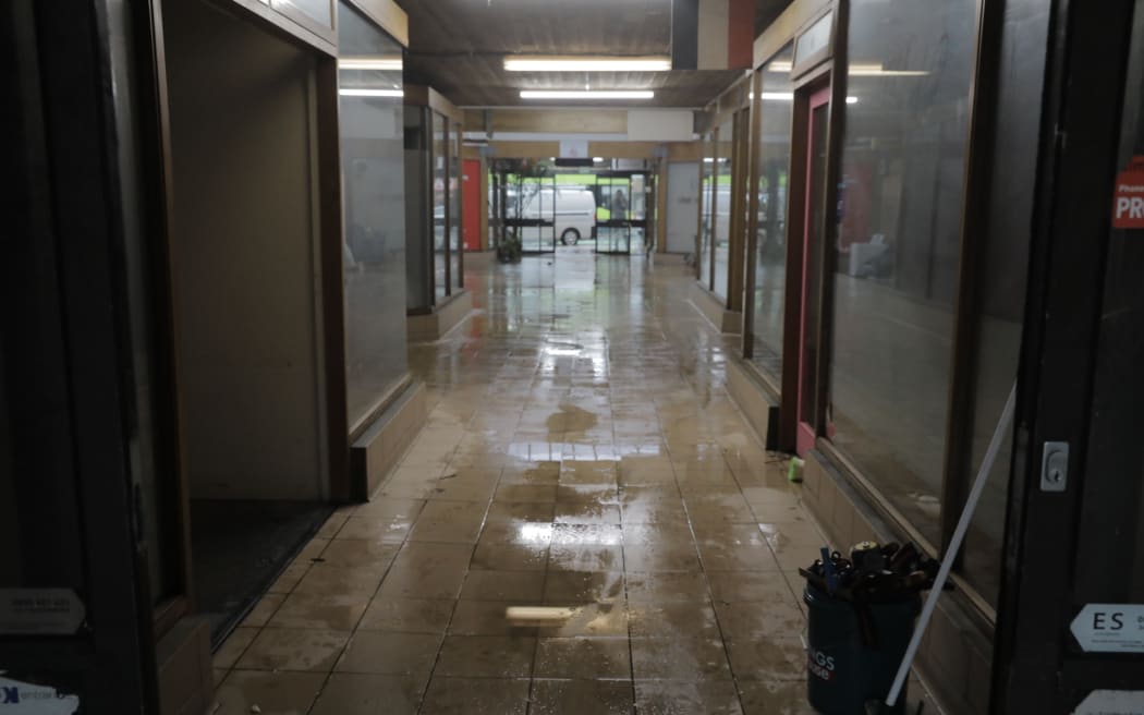 Flooding damage at Lychgate shopping complex in Newtown, Wellington.