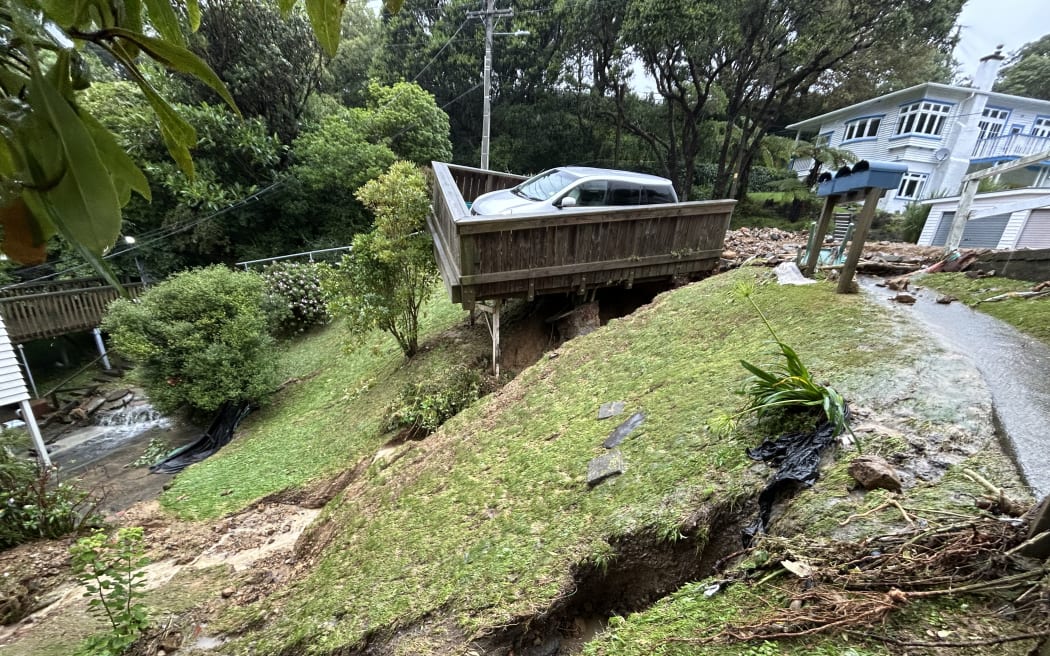 A landslide on Balfour St in Mornington, Wellington on Monday morning.