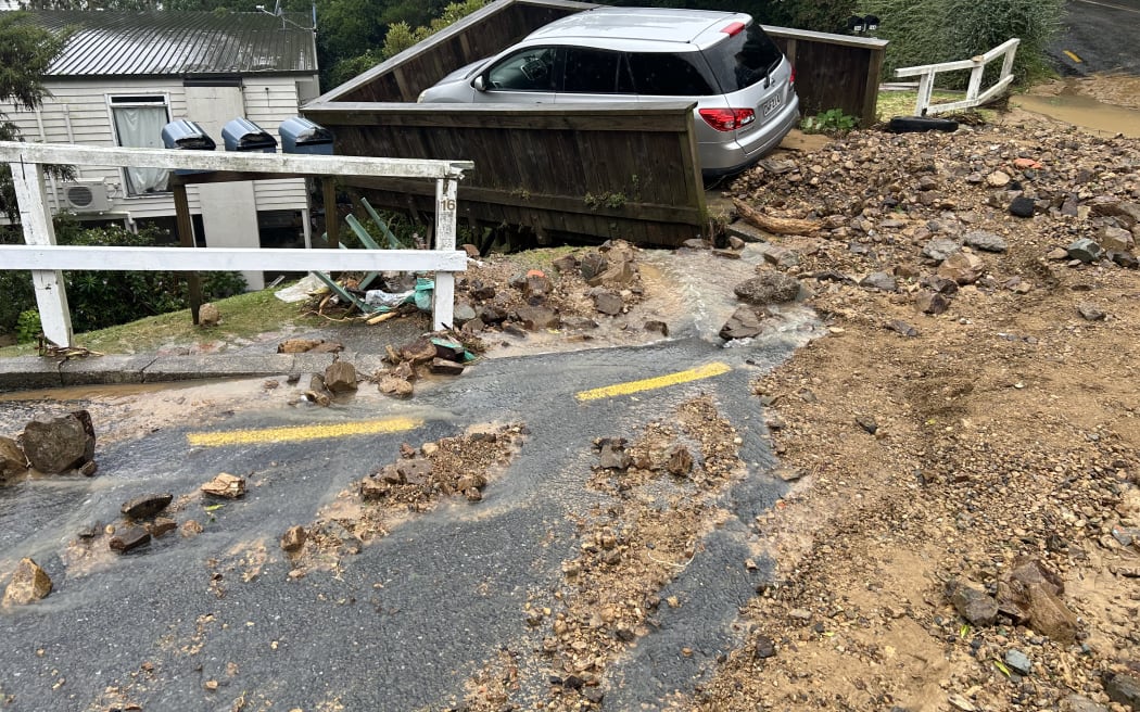 A landslide on Balfour St in Mornington, Wellington on Monday morning.