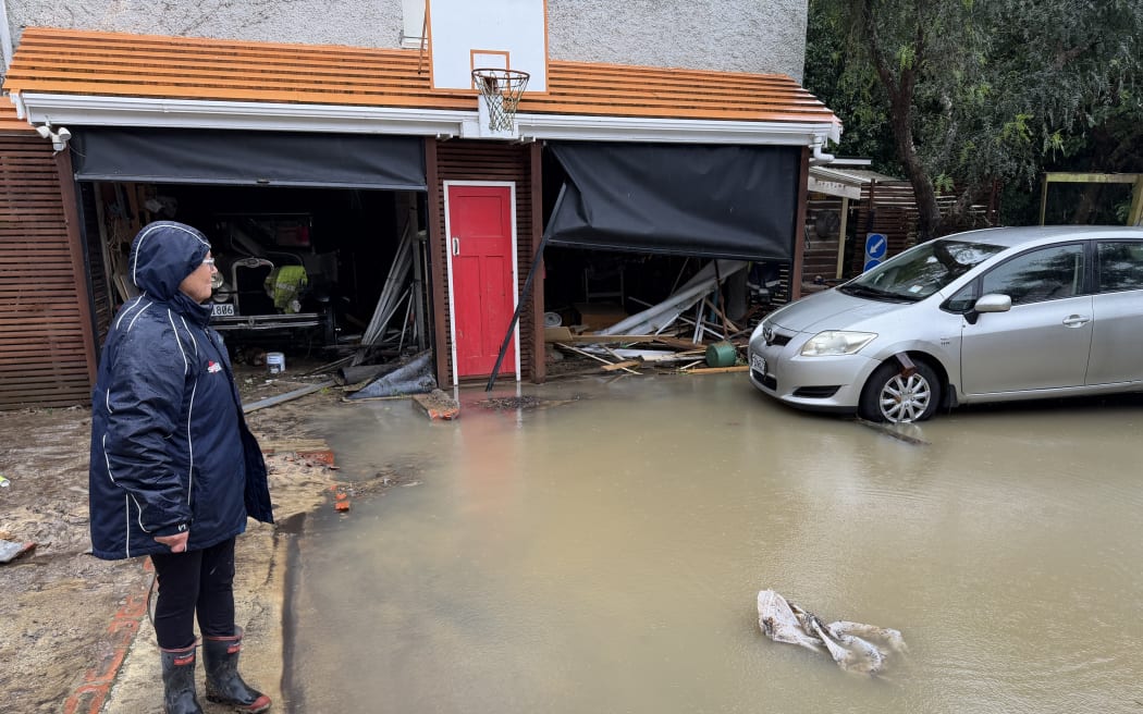 Janis McLauchlan, a resident on Wellington's Balfour St looks at the damage on Monday.
