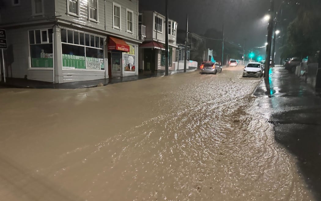 Flooding in the Wellington suburb of Mt Cook after severe thunderstoms and downpours hit the city early on Monday 20 April 2024.