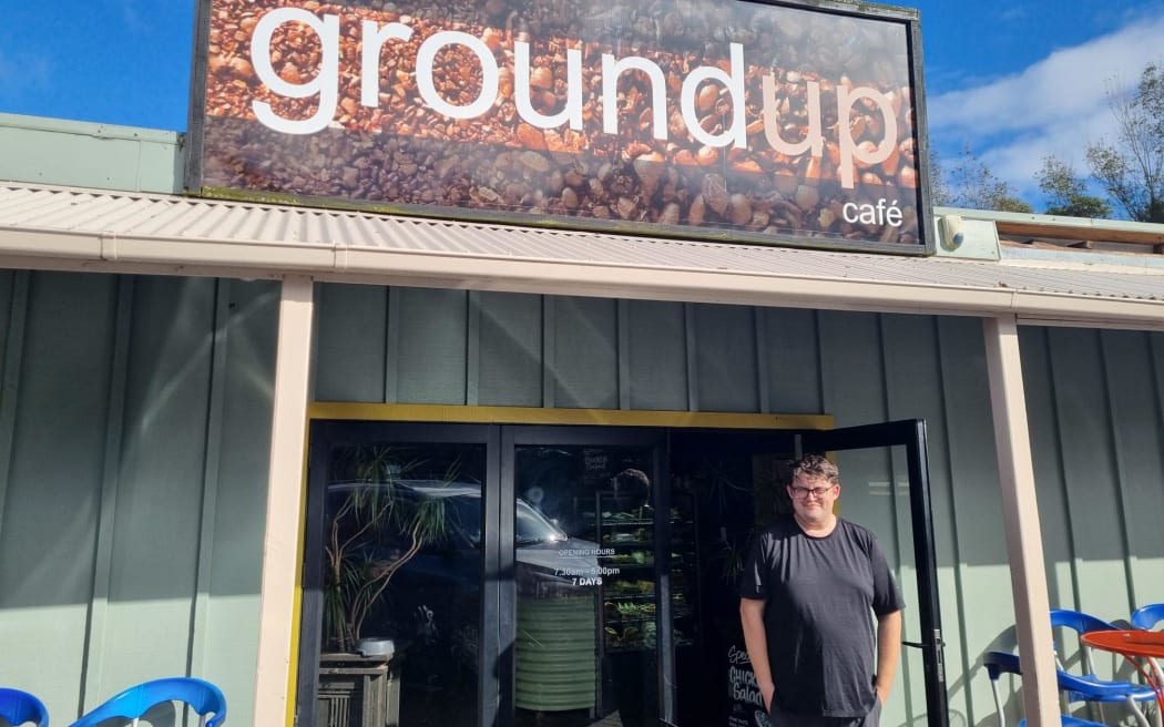 Groundup Cafe supervisor James Lloyd. people in Pāuatahanui were cleaning up on Sunday, 19 April, 2026, following flash flooding the day before.