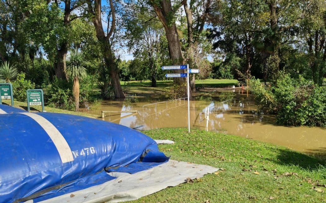 Flood barriers in place at Kowhai Park, Whanganui.