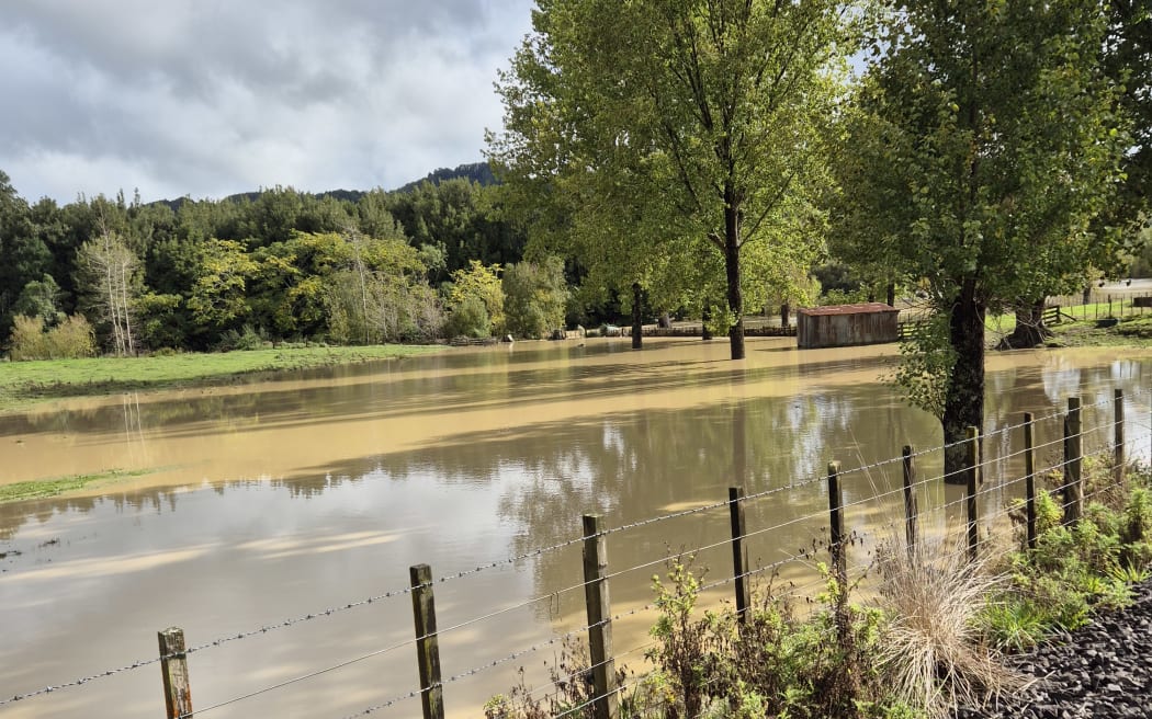 Flooded farmland in Ōhura, on 19 April, 2026.