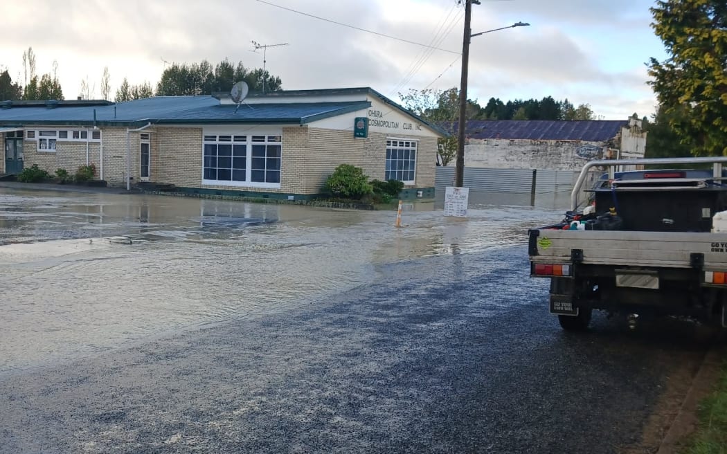 Flooding in the Ruapehu District town of Ōhura on 19 April 2026.