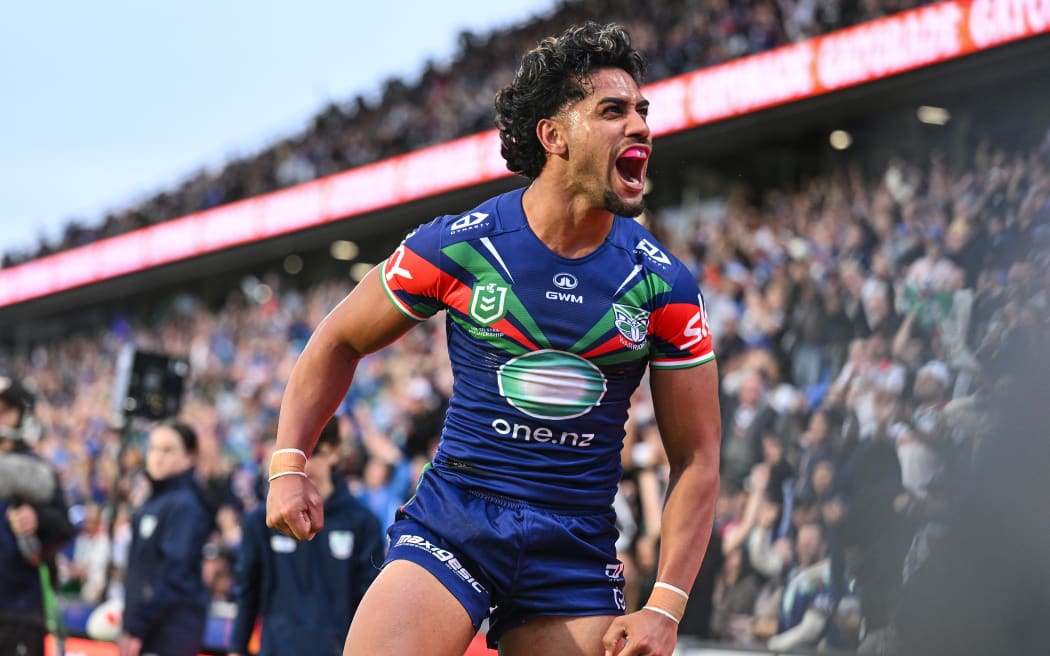 Alofi'ana Khan-Pereira of the Warriors celebrates his try, NZ Warriors v Gold Coast Titans, round 7 of the NRL Telstra Premiership at Go Media Stadium, Auckland, New Zealand on Saturday 18 April 2026.
© Photo: Andrew Cornaga / Photosport