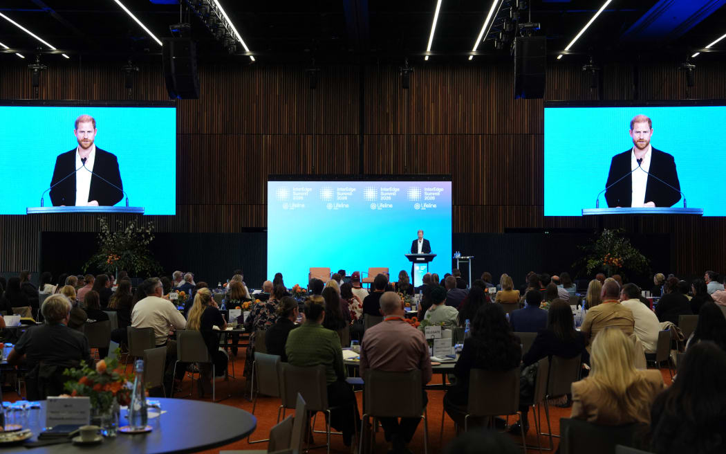 Britain's Prince Harry, Duke of Sussex, delivers a keynote speech during the InterEdge Summit at Centrepiece in Melbourne on April 16, 2026. (Photo by Jonathan Brady / POOL / AFP)