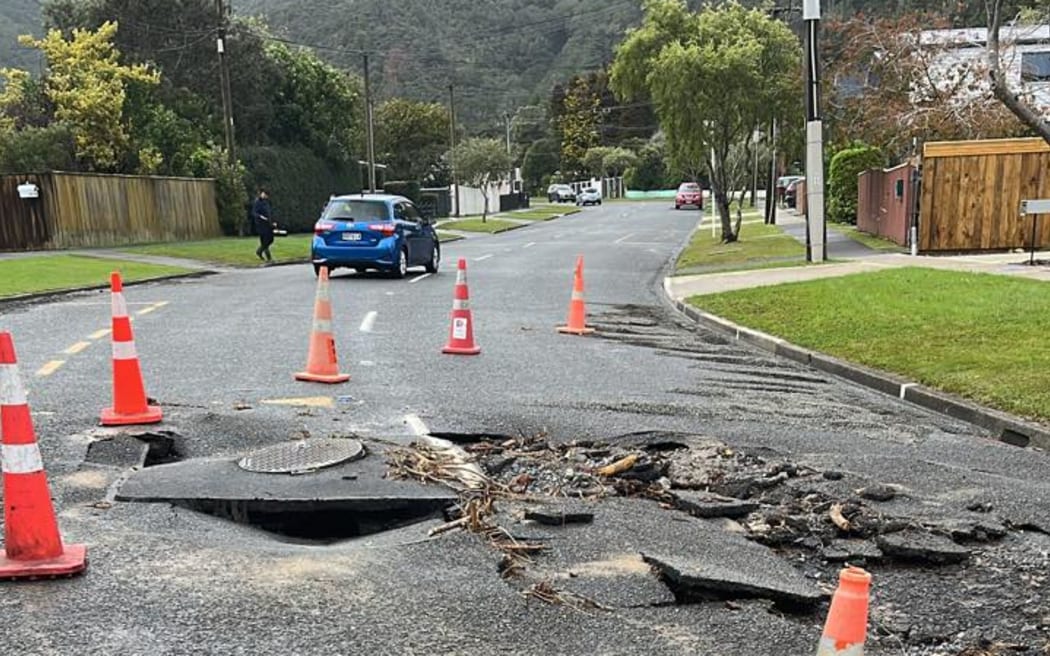 A local described part of Tawhai Street having collapsed after heavy rain.