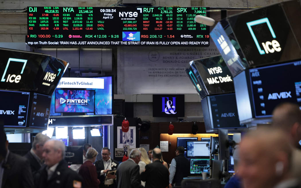 NEW YORK, NEW YORK - APRIL 17: Stock market numbers are displayed on the floor of the New York Stock Exchange during morning trading on April 17, 2026 in New York City. All three major indexes surged at opening, with the Dow Jones leading the way, opening over 700 points after Iran declared the Strait of Hormuz “completely open” after the ceasefire agreement between Lebanon and Israel.   Michael M. Santiago/Getty Images/AFP (Photo by Michael M. Santiago / GETTY IMAGES NORTH AMERICA / Getty Images via AFP)