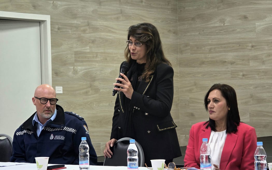 NZ Police Counties Manukau West Area Commander Dave Christoffersen (left), Panmure-Ōtāhuhu MP and Labour’s spokesperson for ethnic communities Jenny Salesa (middle), and ACT MP Parmjeet Parmar (right) spoke to members of the Indian community in Papatoetoe on Friday.