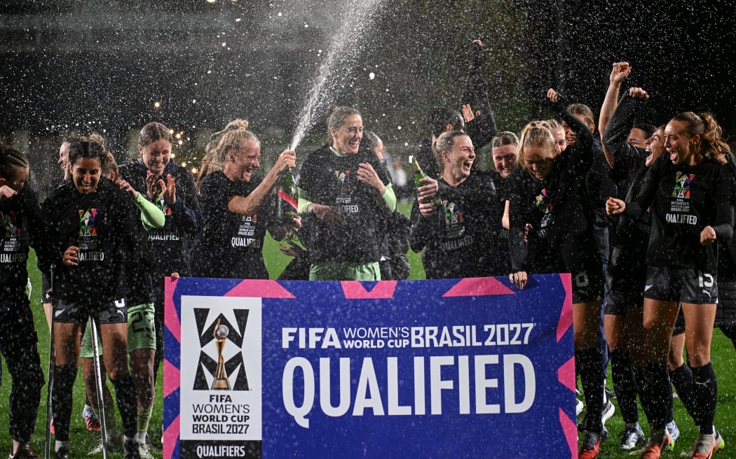 New Zealand Football Ferns players celebrate qualifying for FIFA Women’s World Cup Brasil 2027.