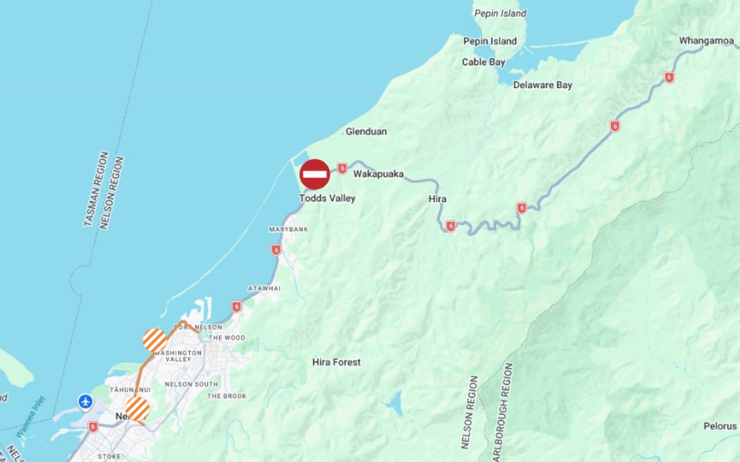 State Highway 6 is closed in both directions near the Todd Bush Road intersection in the Nelson-Tasman region.