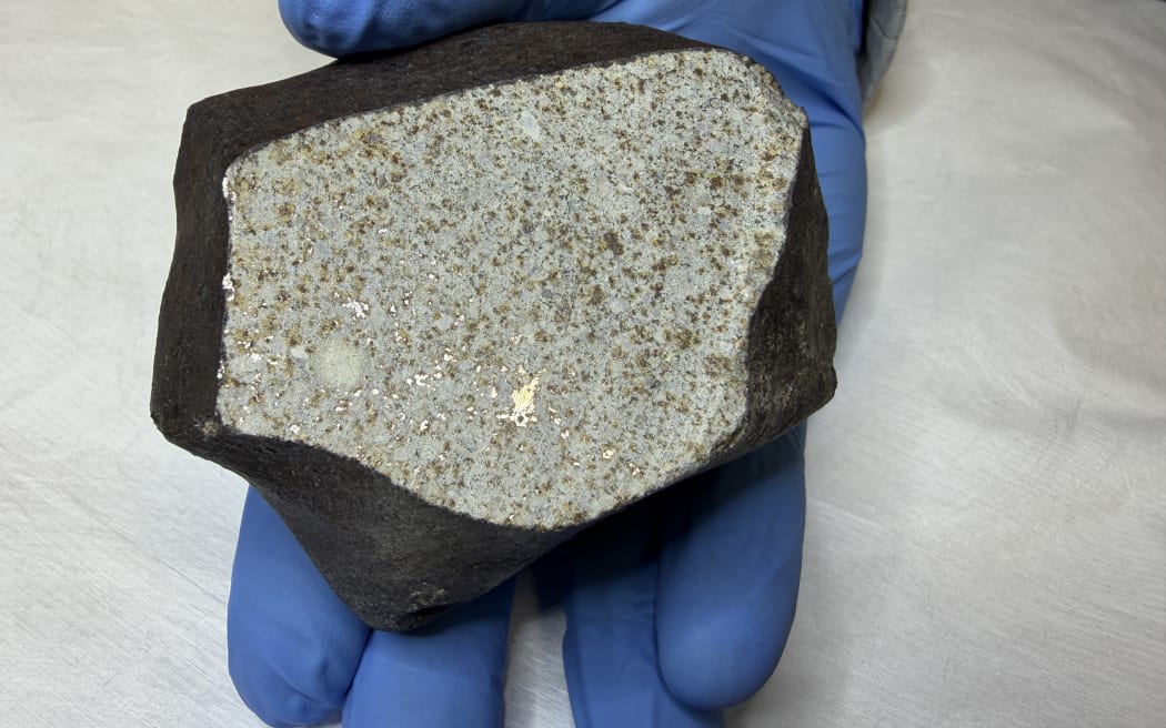 Kane Fleury holds a meteor in a blue gloved hand. The meteor has been cut in half and you can see shiny gold coloured specks throughout.
