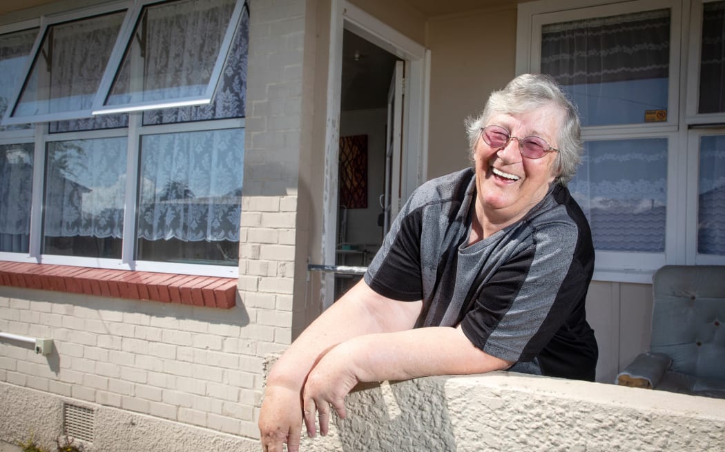 Mary Smith is delighted to finally have new double glazed windows on her unit at Rawhiti flats.  19 October 2023 The Daily Post Photo / Andrew Warner