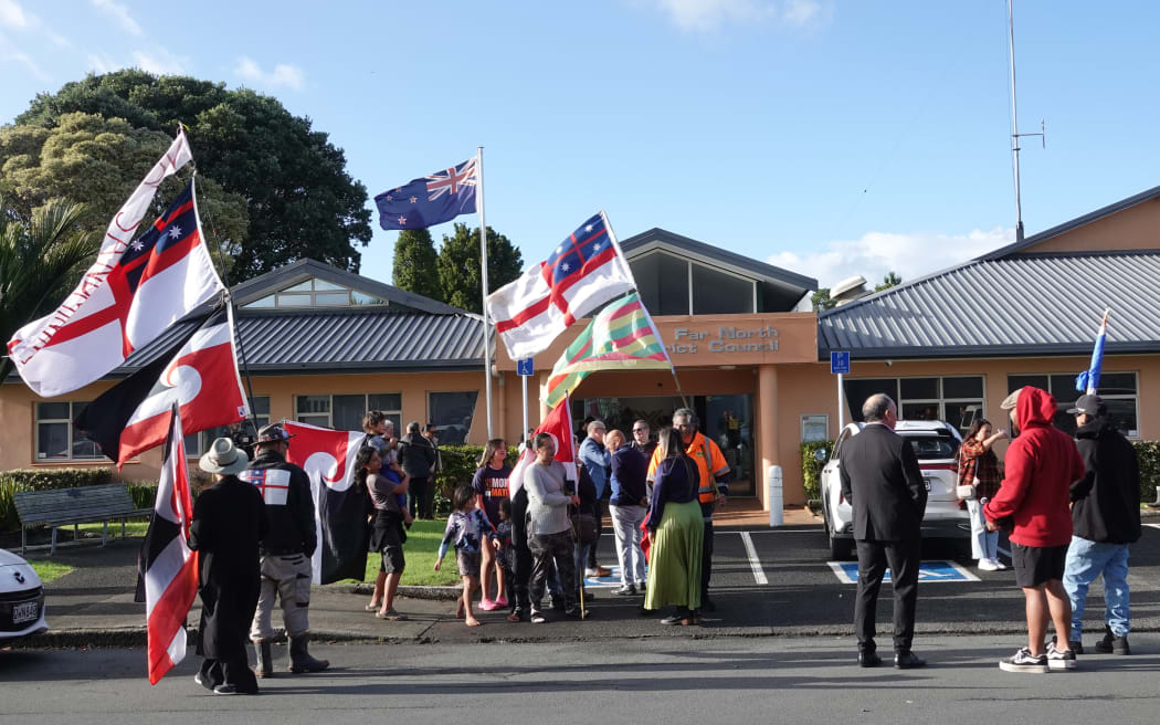 About 100 people gathered outside the Far North District Council chambers in a show of support for Mayor Moko Tepania.