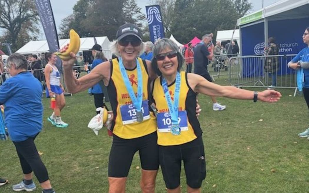 Michele Allison and friend Betty Harp at the 2026 Christchurch marathon
