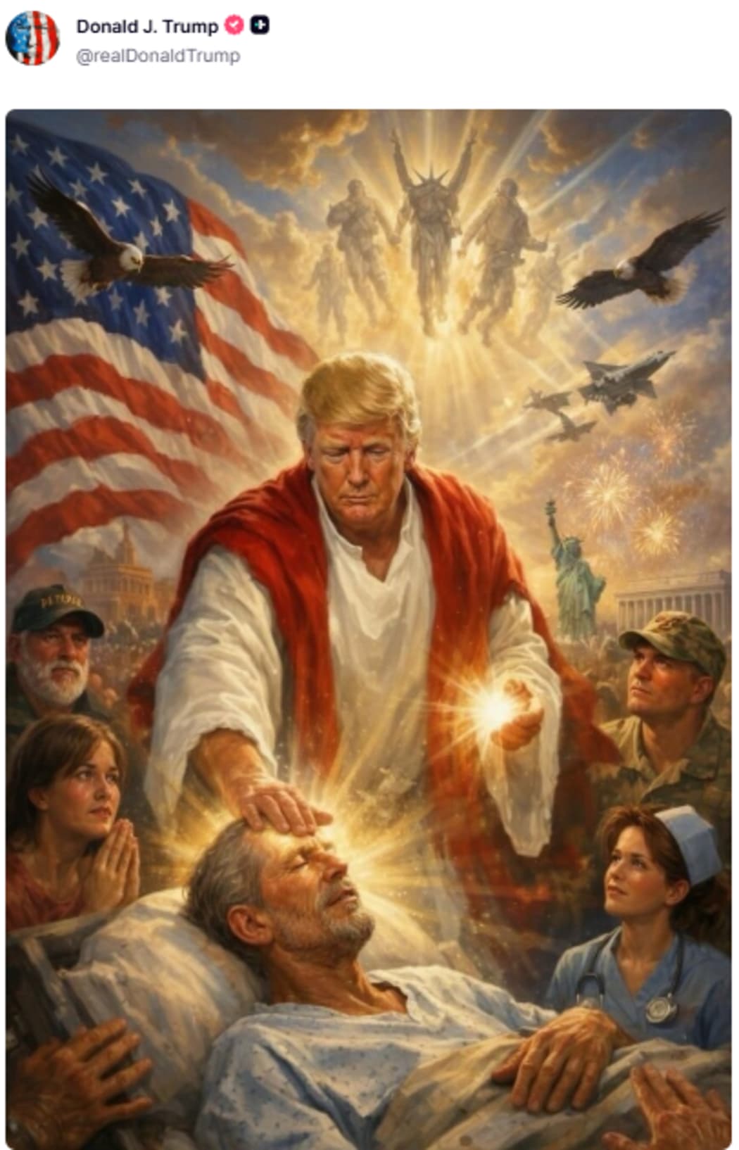 US President Donald Trump posted an AI-generated image of himself to social media.