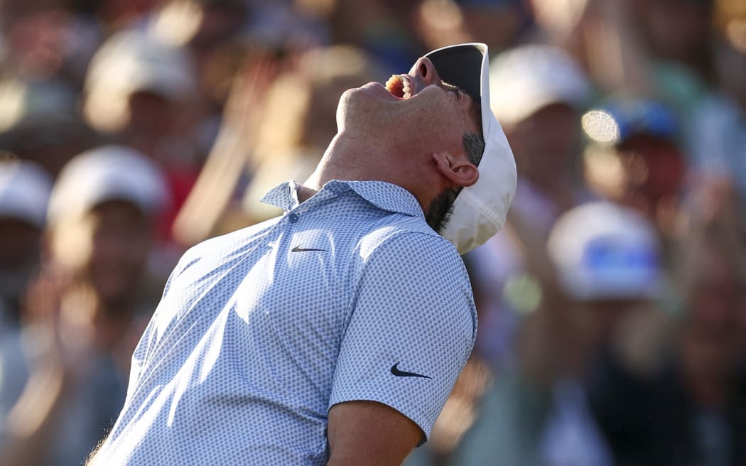 Rory McIlroy celebrates winning the 2026 Masters Tournament at Augusta National Golf Club, April 12, 2026 in Augusta, Georgia.  
(Photo by Jared C. Tilton / GETTY IMAGES NORTH AMERICA / Getty Images via AFP)