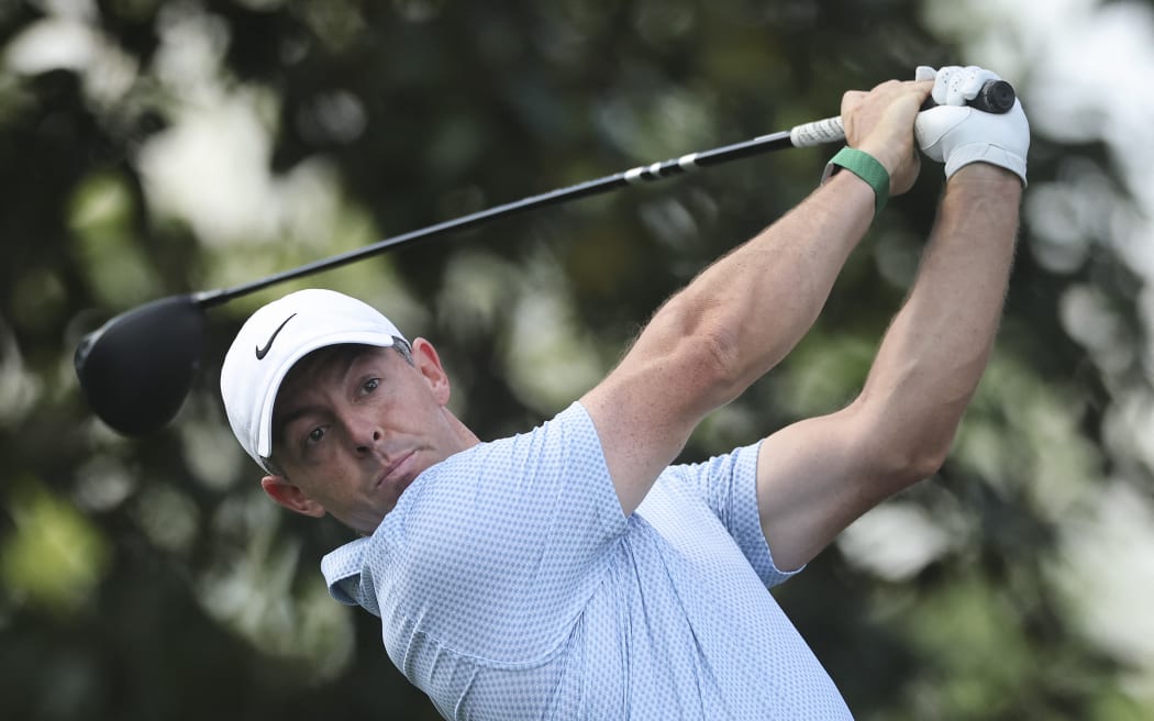 Rory McIlroy of Northern Ireland plays his shot from the ninth tee during the final round of the 2026 Masters Tournament at Augusta National Golf Club, April 12, 2026. (Photo by Hector Vivas / GETTY IMAGES NORTH AMERICA / Getty Images via AFP)