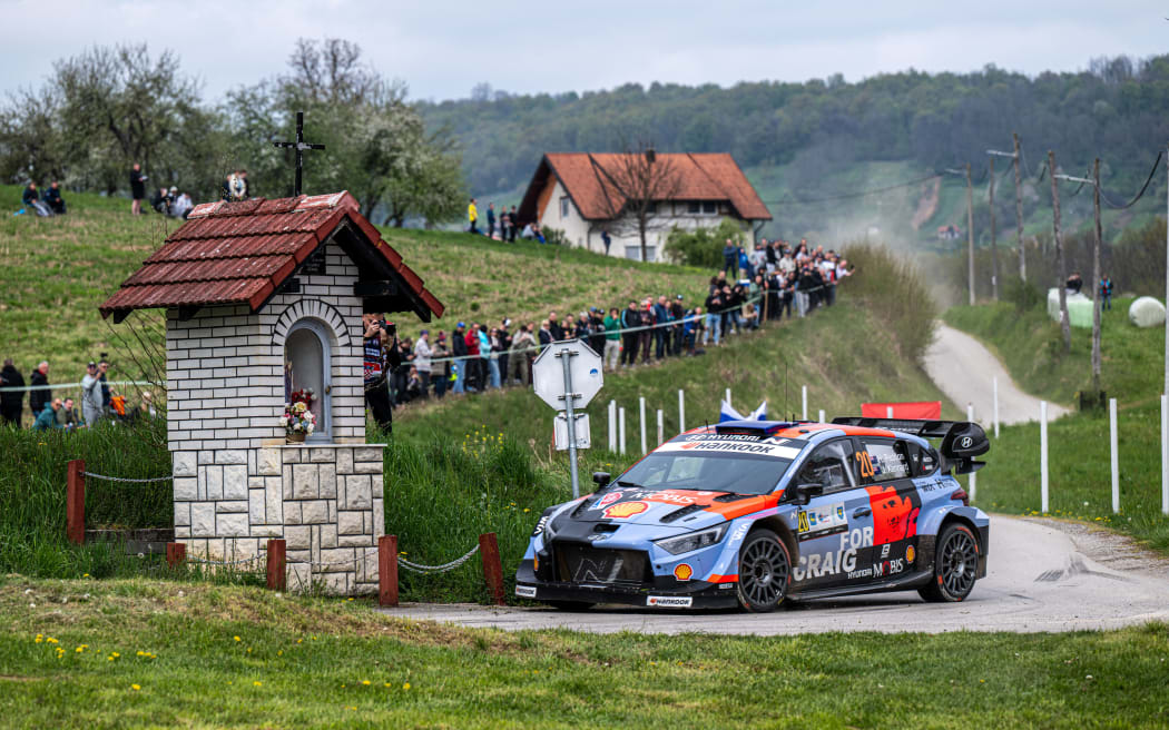 Hayden Paddon and John Kennard drive a Hyundai i20 at Rally Croatia.