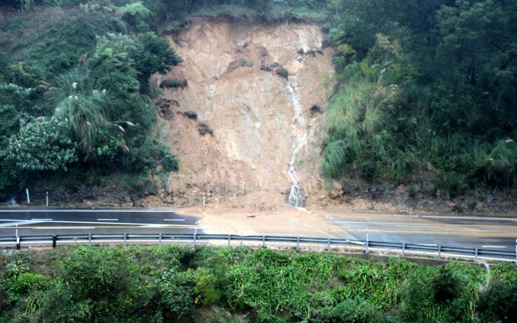 A large slip on State Highway 2 in Karangahake Gorge between Paeroa and Waihi, during Cyclone Vaianu, on 12 April, 2026.