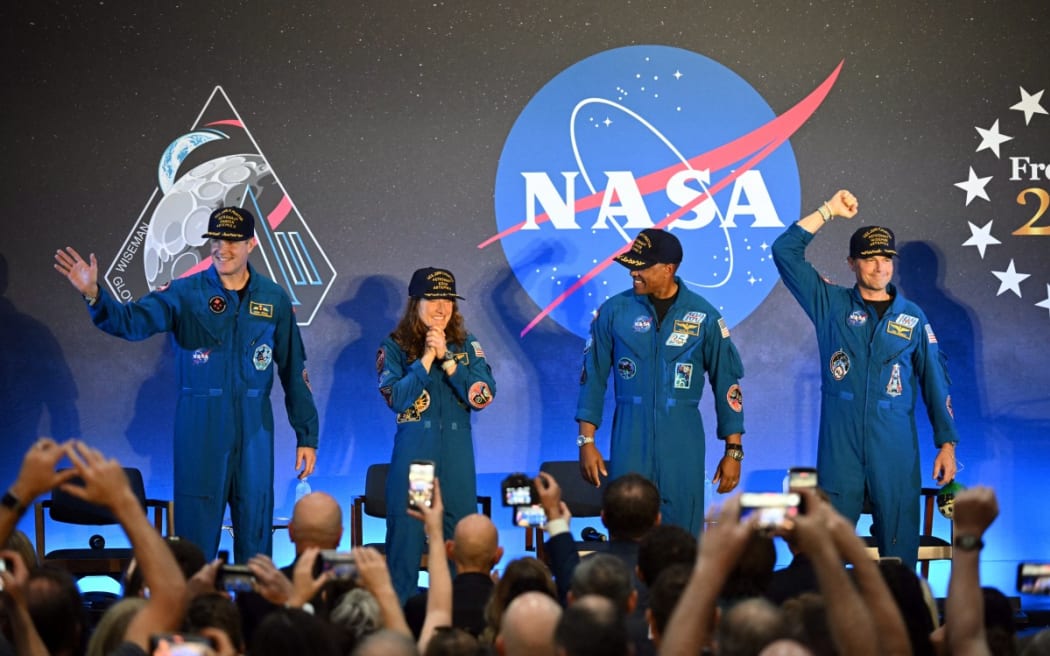 Artemis II astronauts (left to right) Jeremy Hansen, mission specialist Christina Koch, pilot Victor Glover and commander Reid Wiseman at their welcoming ceremony in Houston, on 11 April, 2026.
