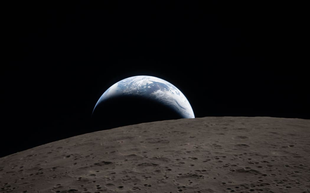 The Artemis II crew captured this view of Earth setting on 6 April, 2026, as they flew around the Moon, to the Moon’s far side.